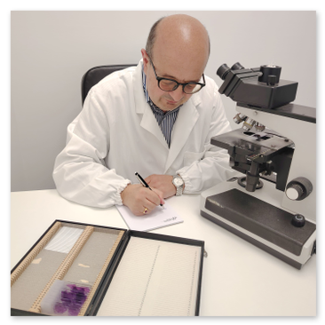 Il  Professor Alfonso Baldi anatomopatologo a Roma durante la sua attività professionale scrive il referto mentre è seduto alla scrivania  nel  laboratorio di Orchidea Lab a Roma