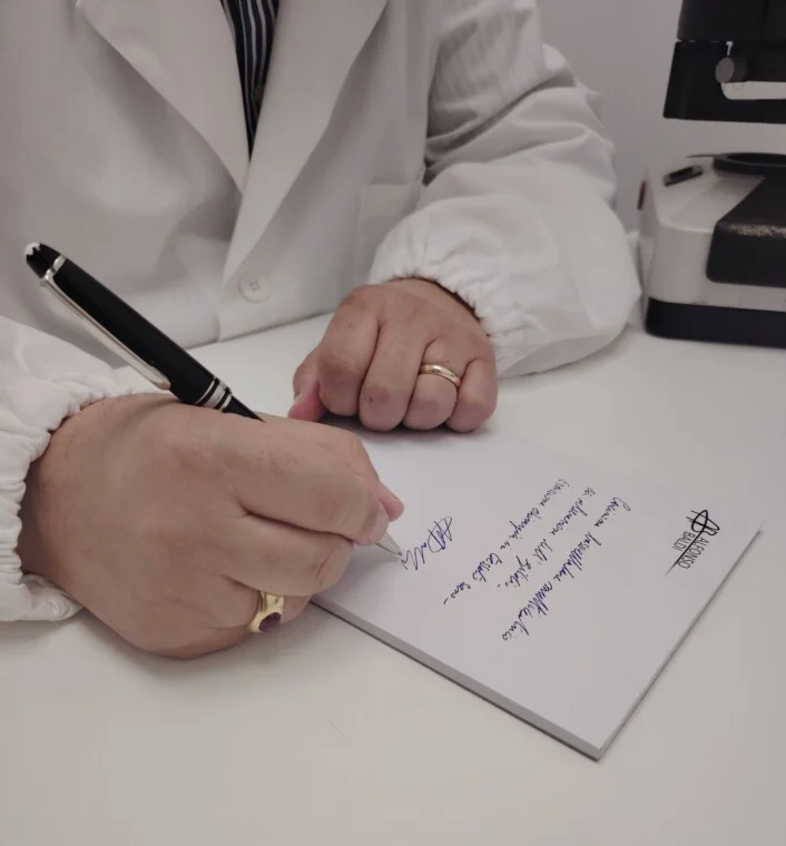 Il Professor Alfonso Baldi in laboratorio alla scrivania redige un referto su carta intestata